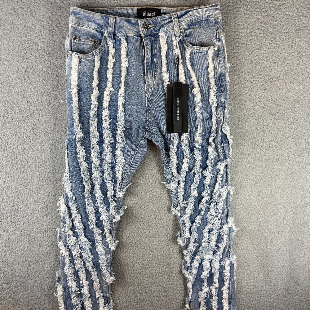 Guapi Jeans Mens 32x37 Blue Shredded Distressed Denim Limited Edition Flare